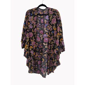 Torrid 00/0 Womens Size L 12 Floral Kimono Cardigan Black Purple Rayon